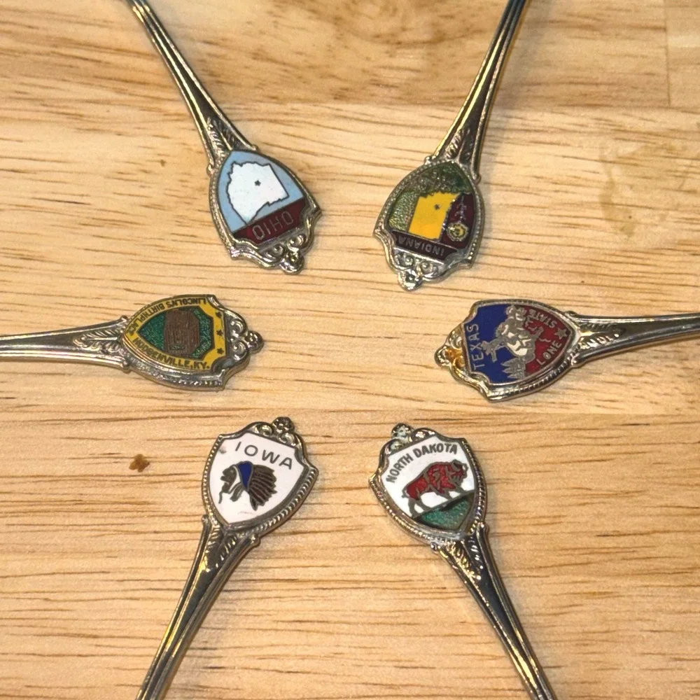 Set of 6 Vintage Enco Inc Enamel State Souvenir Spoons N‎ Dakota Iowa Ohio Texas